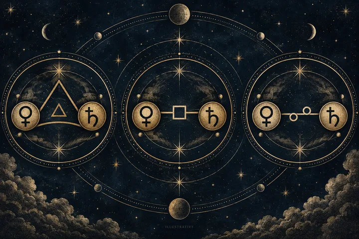 Editorial illustration accompanying: How does Venus-Saturn synastry differ when the contact is a trine, square, or opposition?