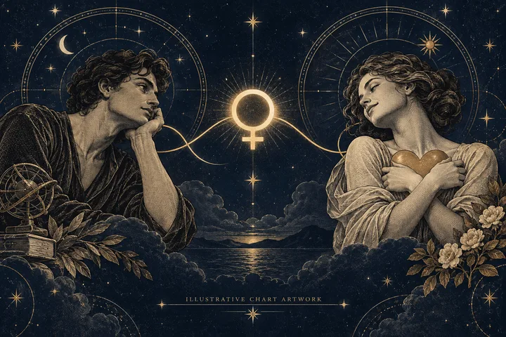 Engraved-style illustration of two figures facing each other across a glowing Venus symbol, with starry circular diagrams, a moon, flowers, clouds, and a dark ocean landscape.