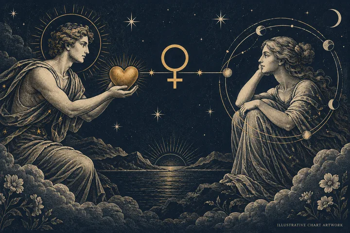 Engraved-style illustration of one figure offering a glowing heart to another seated figure, linked by a Venus symbol above a starry ocean framed by clouds and flowers.