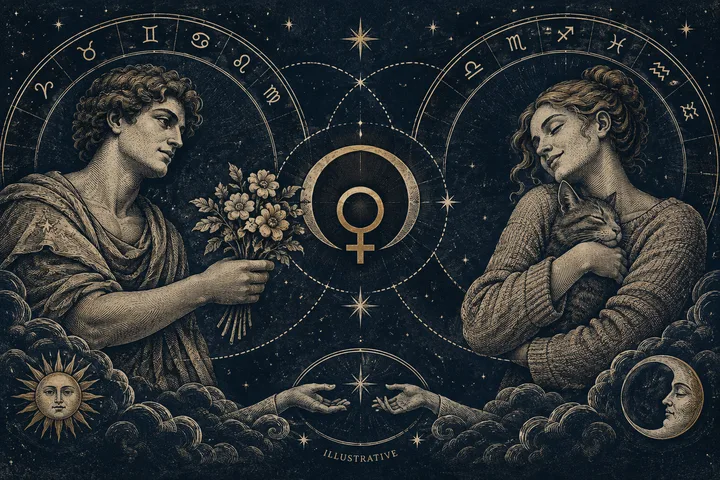 Engraved-style illustration of two figures, one holding a bouquet and the other holding a cat, beneath large zodiac circles with a central Venus symbol, stars, clouds, and sun and moon faces.