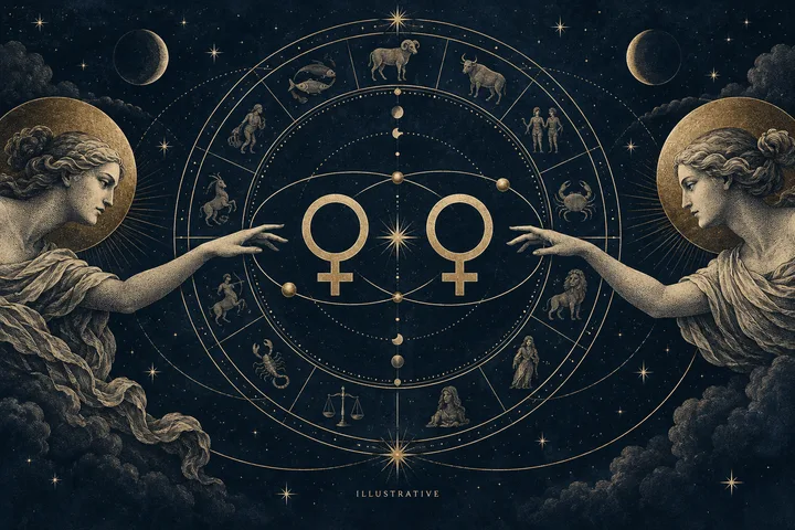 Editorial illustration accompanying: How can Venus synastry describe preference without deciding whether values truly match?