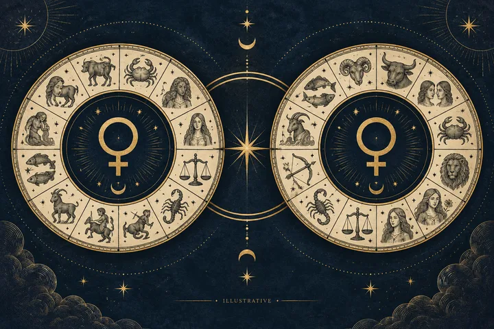 Editorial illustration accompanying: How can Venus synastry describe preference without deciding whether values truly match?
