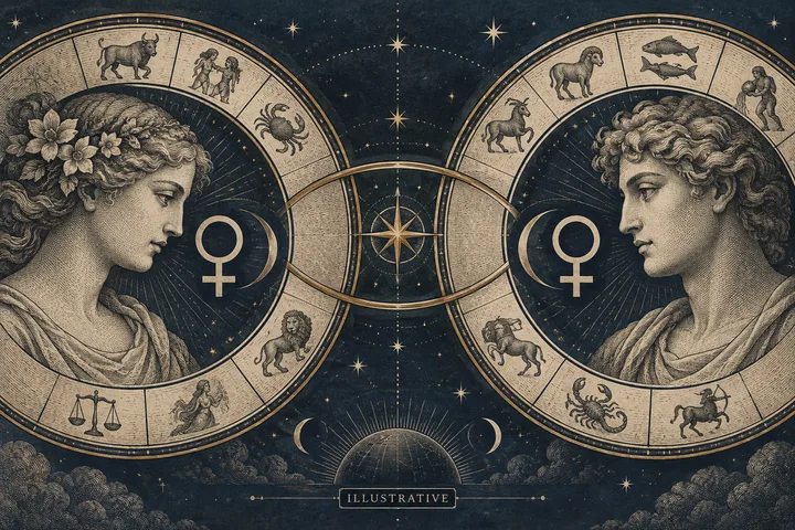 Editorial illustration accompanying: How can Venus synastry describe preference without deciding whether values truly match?