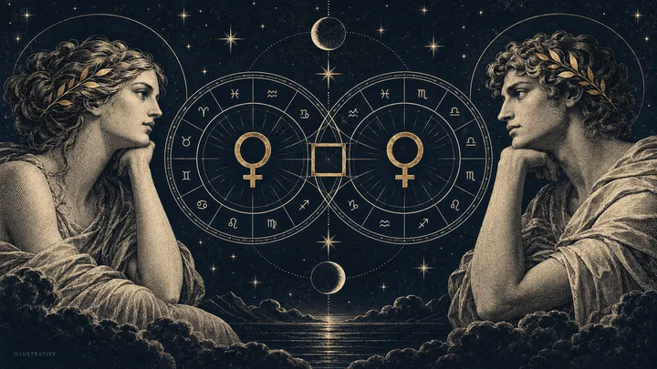 Illustrative midnight-blue engraving of two Venus symbols on separate zodiac wheels linked by a brass square, with a couple facing opposite value paths