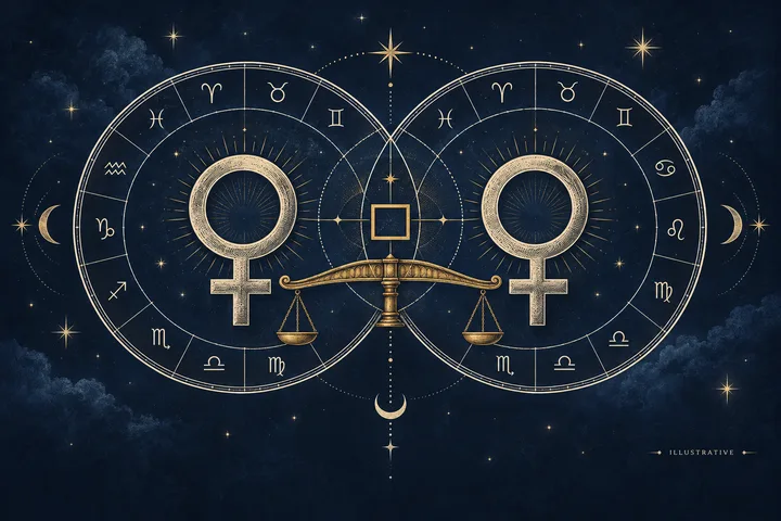 Illustrative brass scales between twin Venus symbols and two zodiac wheels, showing one shared choice balanced between pleasure and security