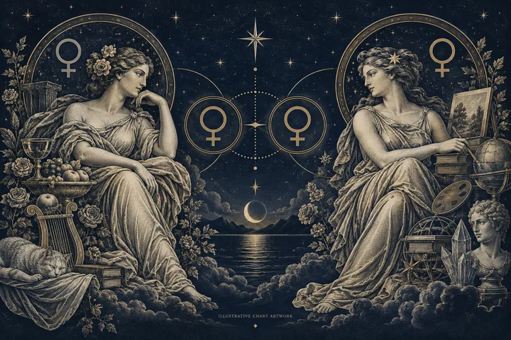Engraved illustrative scene of two Venus figures facing across paired Venus glyphs, with flowers, fruit, books, and a starry night between them.