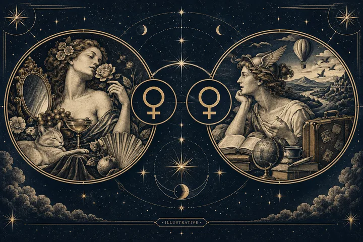 Engraved illustrative comparison of two Venus medallions, one surrounded by flowers and comfort, the other by books, a globe, and travel scenes.