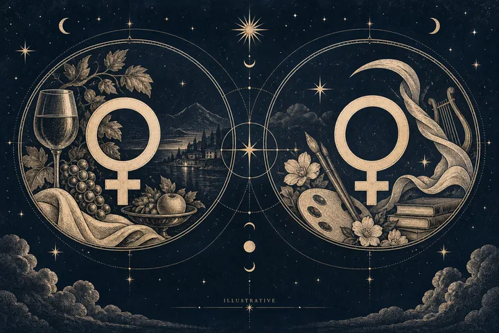 Close-up engraved illustration of two large Venus glyphs linked by chart geometry, with wine and fruit on one side and a lyre, brushes, and books on the other.
