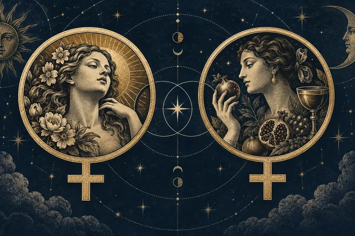 Engraved illustrative pair of Venus portrait medallions framed by fruit, flowers, a wine cup, and sun-and-moon symbols.