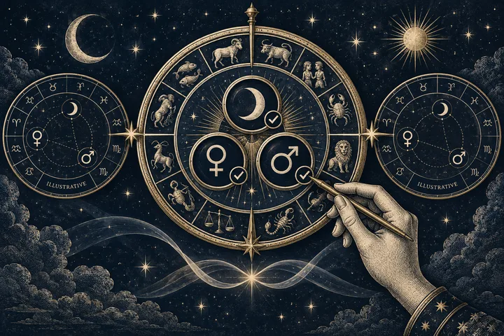 An engraved zodiac wheel with moon, Venus, and Mars symbols and check marks, flanked by smaller charts; a hand holds a pointer over the wheel beneath a starry sky.