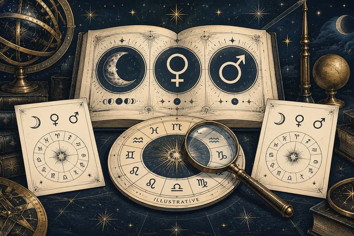 An open book displays moon, Venus, and Mars symbols above zodiac diagrams, with a magnifying glass resting over one chart.