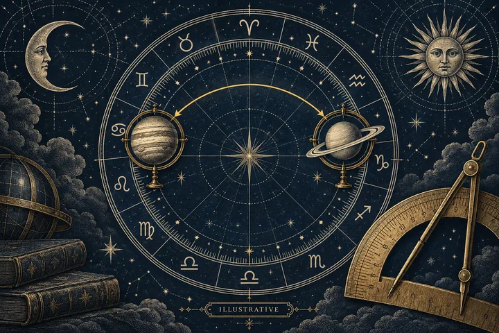 Illustrative brass zodiac wheel beside two marked planet degree positions on a midnight-blue synastry diagram.