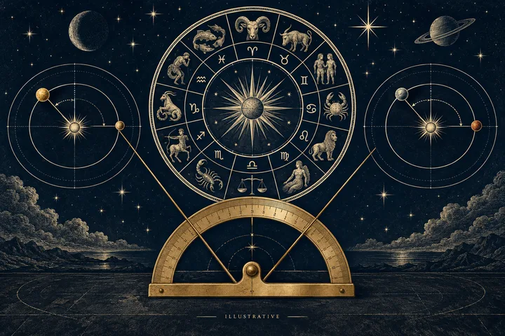 Illustrative degree marks connected across a zodiac circle to show the shorter angular path between two placements.