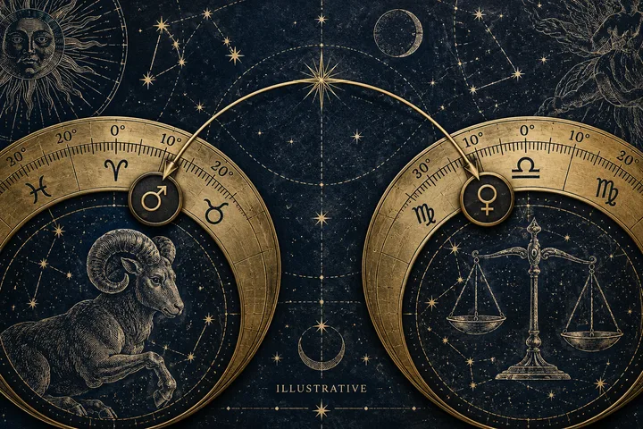 Illustrative Venus and Mars glyphs on separate brass zodiac dials, with Aries and Libra motifs against a starry field.