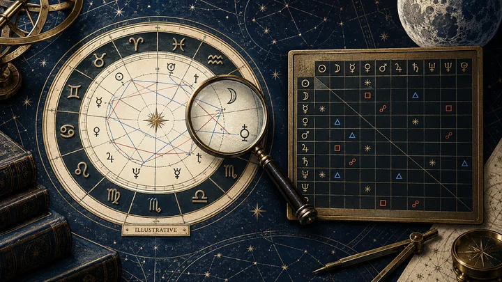 Illustrative synastry wheel and aspect table with crossed planet lines, engraved in midnight blue, ivory, and brass.