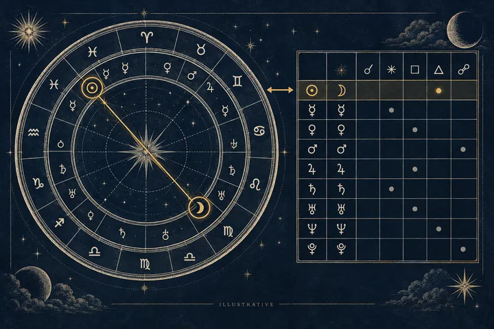Illustrative close-up of zodiac degrees crossing a sign boundary beside a marked synastry aspect, in midnight blue, ivory, and brass.