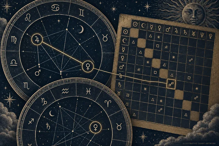 Illustrative comparison ledger for planetary longitudes, aspect angles, and orb confidence, styled in midnight blue, ivory, and brass.