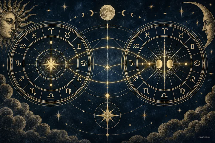 Midnight-blue engraved illustration of two zodiac wheels linked by stars, a central compass, and Sun and Moon faces.