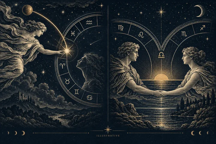 Engraved scene of two figures facing across a zodiac horizon, with a celestial guide touching a glowing star. Illustrative artwork.