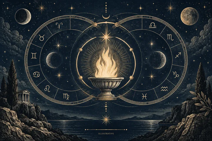 Illustrative brass hearth flame at the center of two zodiac wheels, symbolizing Vesta's devotion and protected space.