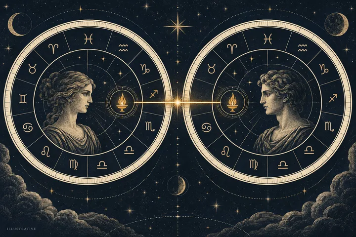 Illustrative pair of facing synastry wheels linked by a bright line between two Vesta flames.