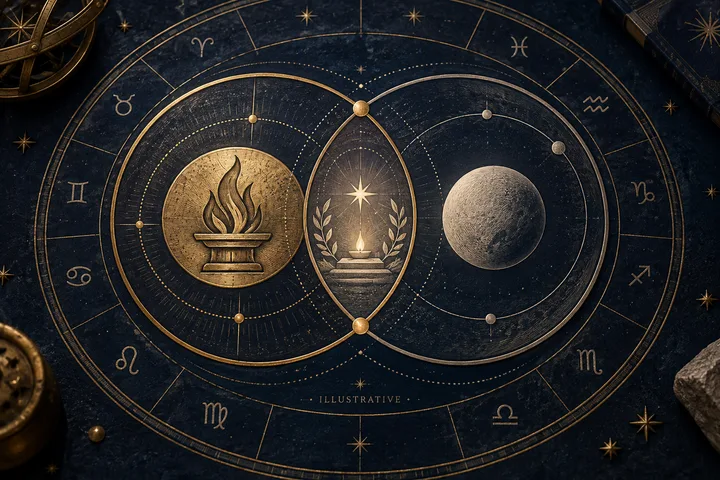 Illustrative close-up of overlapping zodiac circles with a hearth emblem, flame, and stone-like planet symbol.