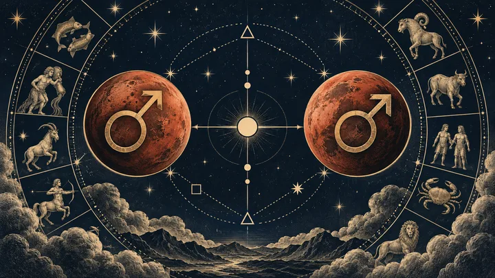 A starry circular zodiac diagram shows two red planets marked with Mars symbols facing each other across a central line, with zodiac figures around the rim and mountains below.