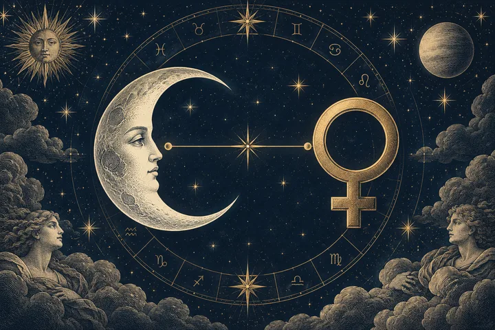 An engraved crescent moon with a face and a Venus symbol are linked by a line across a starry zodiac wheel, with clouds and celestial figures at the edges.