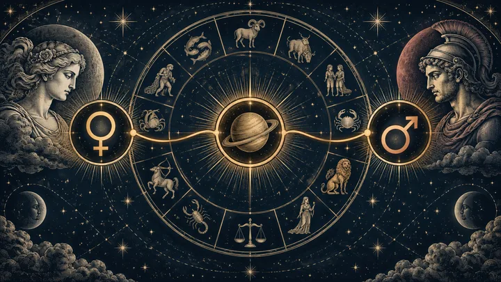 Engraved illustrative zodiac wheel linking Venus and Mars through a glowing brass dispositor path on a midnight-blue celestial field.