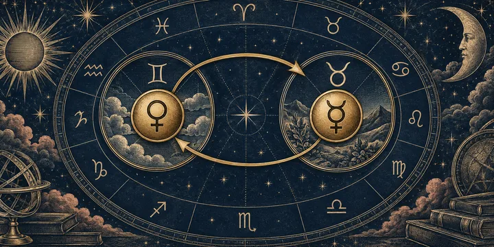 Illustrative engraved diagram showing Venus in a Gemini-like sector flowing to Mercury in a Taurus-like sector and looping back through rulership.