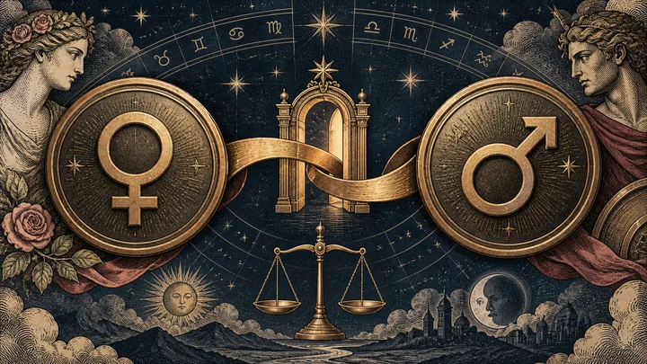 Engraved illustrative close-up of Venus and Mars medallions joined through a reception arch above a balanced brass scale.