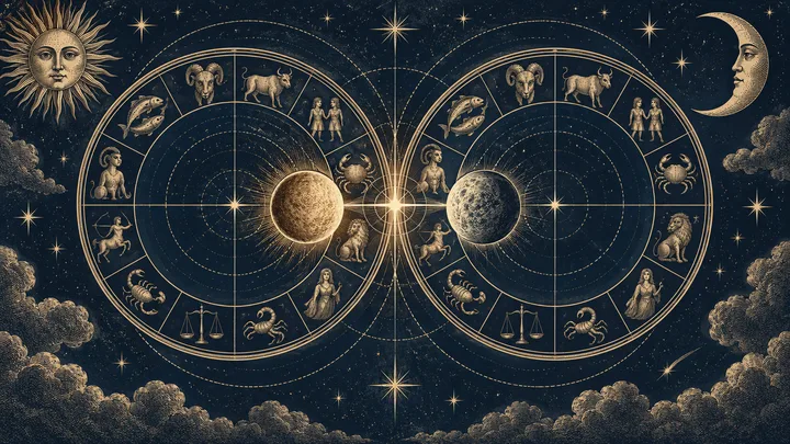 Two overlapping gold zodiac wheels with planet-like spheres at their centers, surrounded by zodiac figures, stars, a sun, and a crescent moon on a dark blue background.