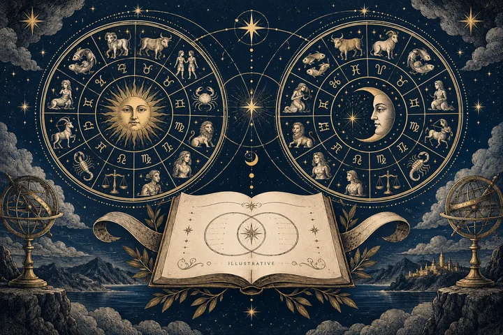 Two ornate zodiac wheels with sun and moon faces sit above an open book showing overlapping circles; stars and antique instruments frame the scene.