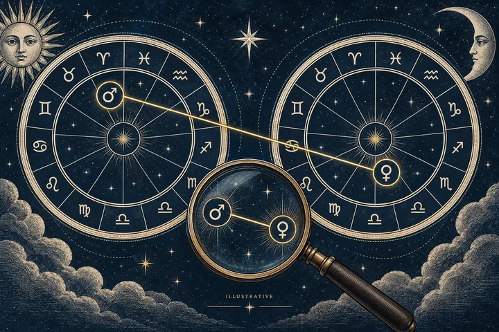 Two zodiac wheels are linked by a golden line between planetary symbols, with a magnifying glass enlarging the symbols below.