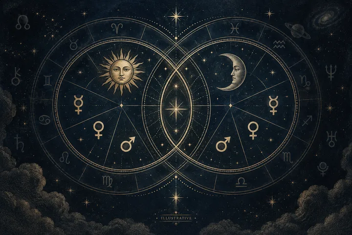 Two overlapping circular star charts on a dark, starry background, with a sun symbol in the left chart and a crescent moon in the right chart.