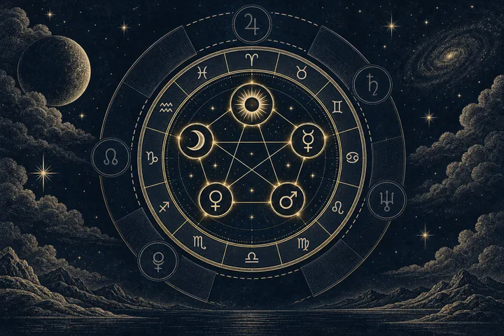 A large circular chart with a sun, crescent moon, and several planetary symbols, set above a dark landscape with mountains and water.