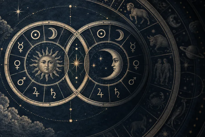 Two adjacent circular charts showing a sun face and a crescent moon, surrounded by planetary symbols and a larger ring of illustrated figures.