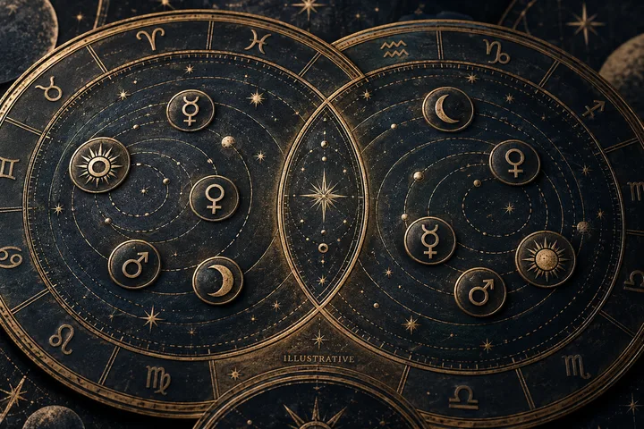 Two overlapping circular charts with orbit-like rings and raised symbols for the sun, moon, and several planets against a dark starry background.
