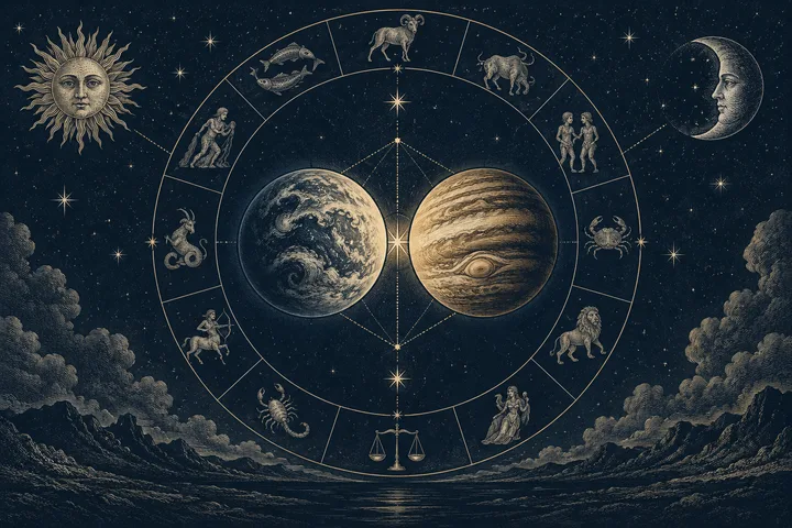 Engraved sun and crescent moon faces flank a circular ring of human and animal figures around Earth and a striped planet, above clouds and dark water.