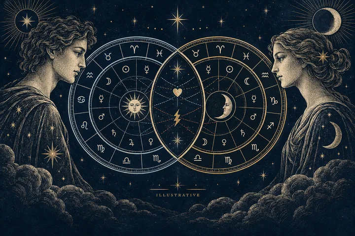 Editorial illustration accompanying: What should you explain first when sharing a synastry report with someone new to astrology?