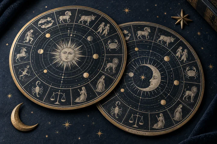 Editorial illustration accompanying: What should you explain first when sharing a synastry report with someone new to astrology?