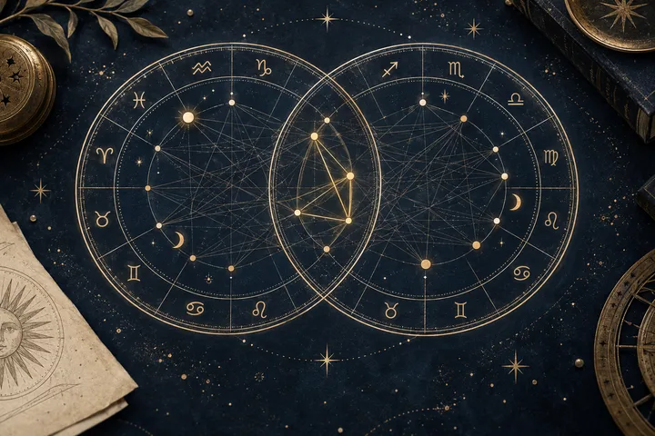 Two overlapping illustrative zodiac wheels on a midnight-blue surface, filled with fine brass synastry lines and a small glowing cluster that suggests the clearest pattern within a crowded chart.