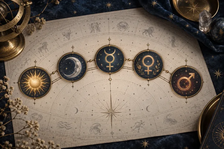 Five symbolic personal-planet emblems arranged in a clear arc across an engraved zodiac sheet, moving from a radiant Sun and crescent Moon through Mercury and Venus to Mars.
