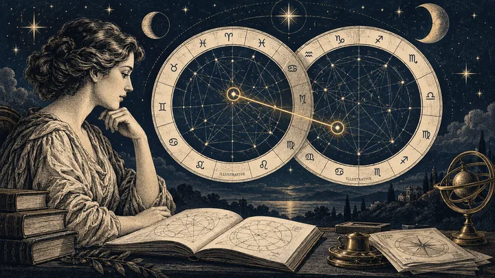 Engraved midnight-blue zodiac wheel with ivory chart markings and brass synastry lines linking two illustrative chart circles.