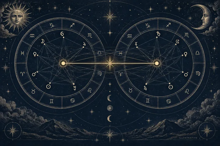 Engraved brass and ivory aspect lines crossing an illustrative midnight-blue synastry wheel beneath zodiac symbols.