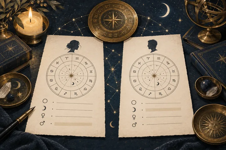 Illustrative midnight-blue and brass tabletop with two side-by-side synastry record pages, paired zodiac wheels, Moon Venus and Mars symbols, and blank fields for uncertain birth data.