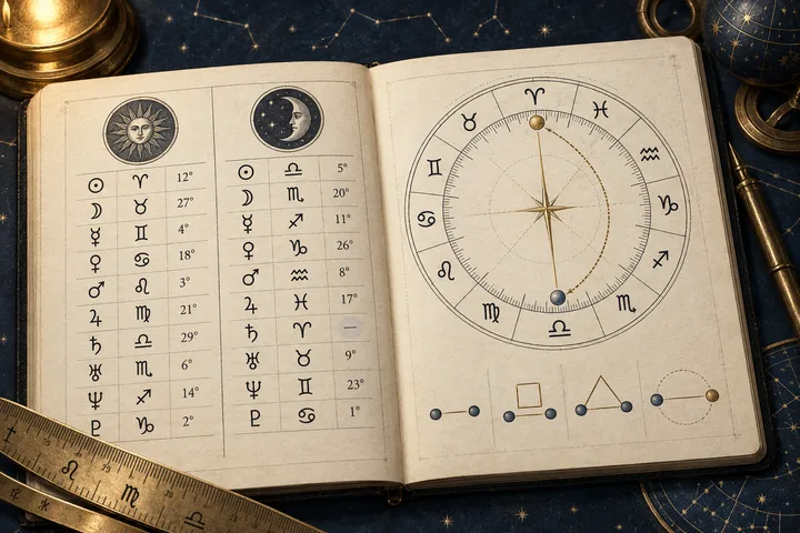 Illustrative engraved astrology notebook showing two placement columns, zodiac signs, degree markings, an aspect arc, and a blank field for missing birth information.