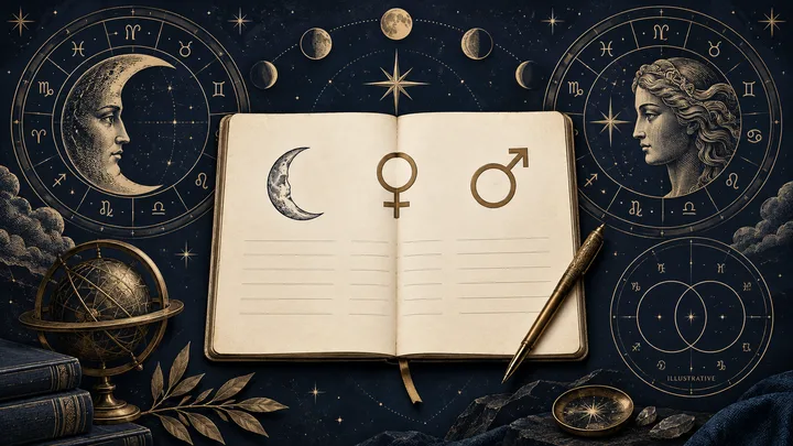 Open notebook beneath Moon, Venus, and Mars symbols, framed by brass zodiac rings and two facing profiles.