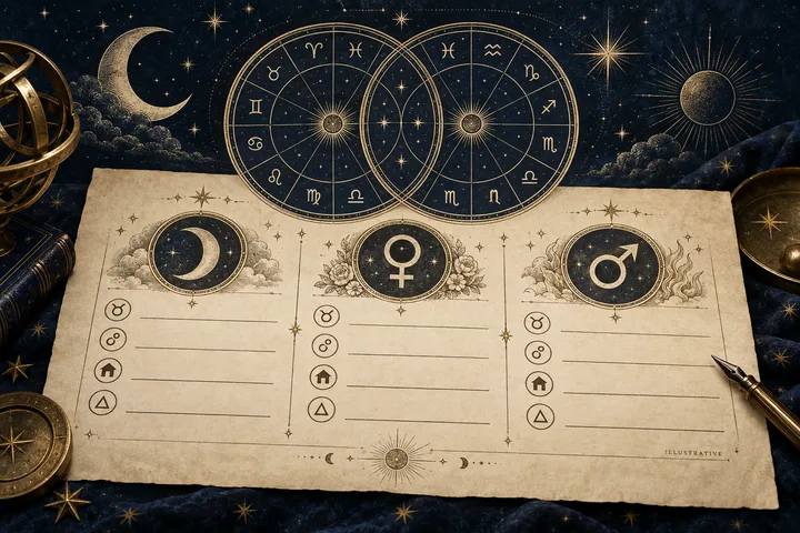 Blank synastry worksheet with two overlapping zodiac wheels and rows for Moon, Venus, and Mars placements.