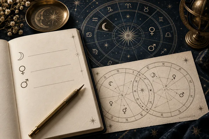 Close-up of a pen beside a blank placement notebook and a small cross-chart drawing with planetary symbols.